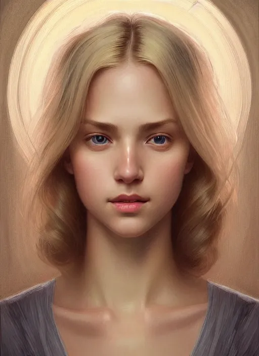 Image similar to beautiful symmetrical face, portrait of young woman blessed with ever - increasing physical and mental perfection, realism, blonde hair, perfect face!! intricate, elegant, highly detailed, vision of holy perfection!! smile, digital painting, artstation, concept art, smooth, sharp focus, illustration, humanity, art by artgerm and greg rutkowski and alphonse mucha