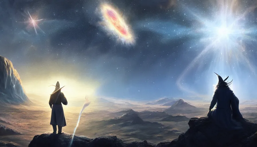 Image similar to a beautiful painting of gandalf watching a supernova in the sky of an alien world, ray traced lighting by jean kalin popov and greg rutkowski