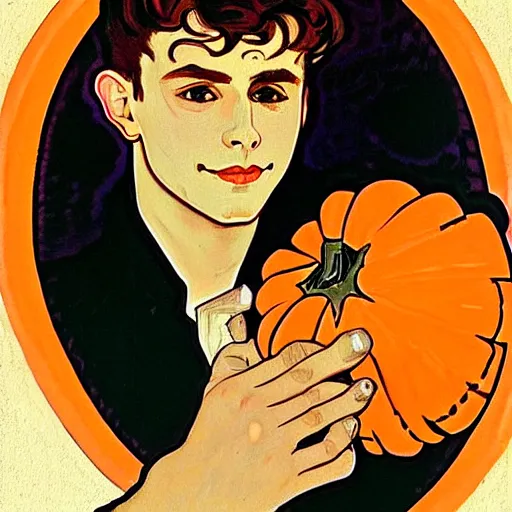 Prompt: painting of handsome young delicate beautiful jeffrey in his 2 0 s with brown hair and gorgeous rina together at the giant jack o'lantern halloween party holding pumpkins, elegant, clear, painting, stylized, art, art by alphonse mucha, vincent van gogh, egon schiele,