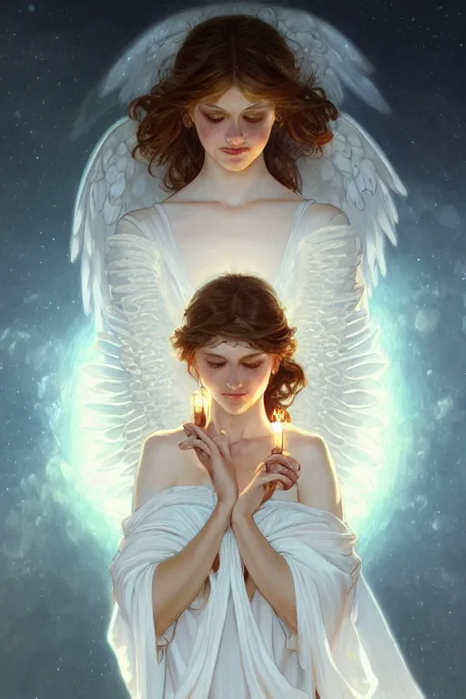 Image similar to Angels in white gauze dresses, the glow of the moonlight, fantasy, intricate, elegant, highly detailed, digital painting, artstation, concept art, matte, sharp focus, illustration, art by Artgerm and Greg Rutkowski and Alphonse Mucha