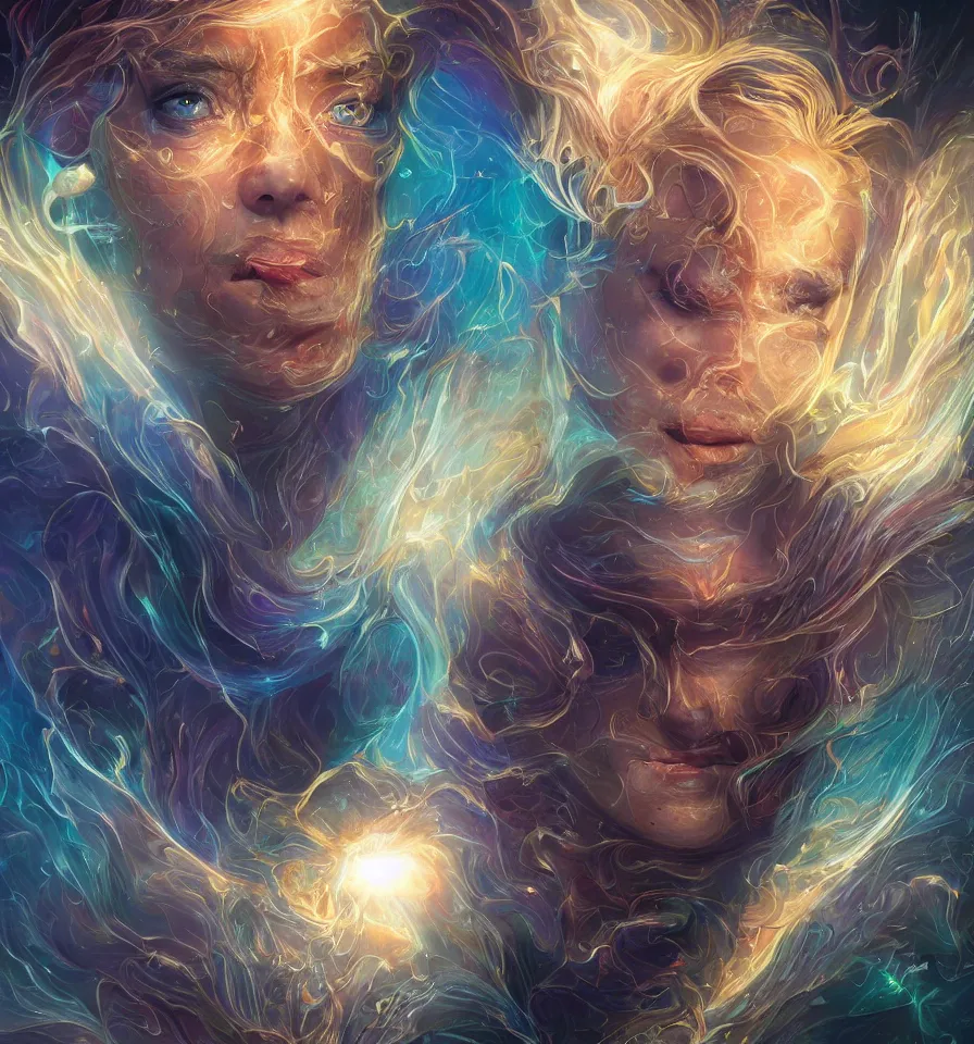 Prompt: a frontal face portrait of transparent and beautiful elegant elemental entity dissolving in to light, refractive light, caustics, backlit, incredible lighting, strong rim light, highly detailed, god rays, digital painting, HDRI, Dan Mumford and Peter Mohrbacher, vivid colors, high contrast, 8k resolution, intricate, photorealistic, smooth