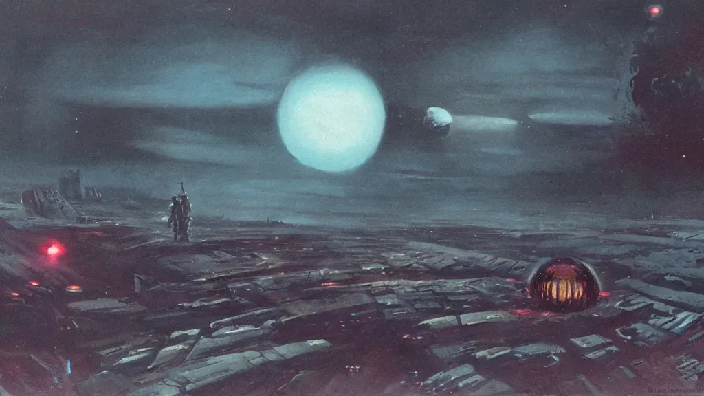 Image similar to eerie atmospheric alien planet with a small dropship pod landing by paul lehr and jack gaughan and john schoenherr, epic cinematic matte painting