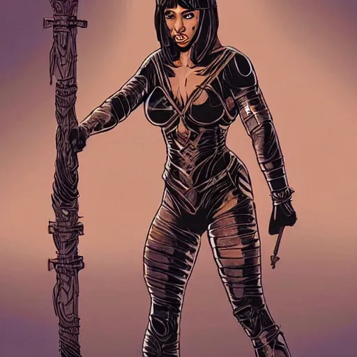 Prompt: a beautiful warrior woman with tan skin and dark hair wearing black catsuit covered by modern plates of body armour, she is holding a long staff, intricate, elegant, highly detailed, detailed face, smooth, sharp focus, high contrast, graphic novel, art by laurie greasley,