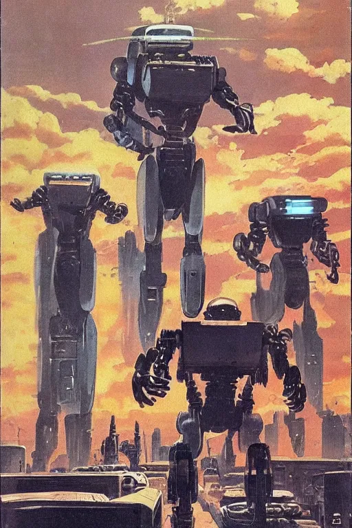 Prompt: a 1971 sci fi paperback cover illustrated by Vincent Di Fate showing robots in a post apocalyptic city