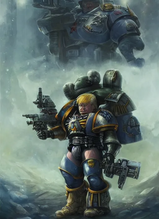 Image similar to donald trump as space marine, space marine, cute and adorable, pretty, beautiful, matte fantasy painting, deviantart artstation, by jason felix by steve argyle by tyler jacobson by peter mohrbacher, cinema