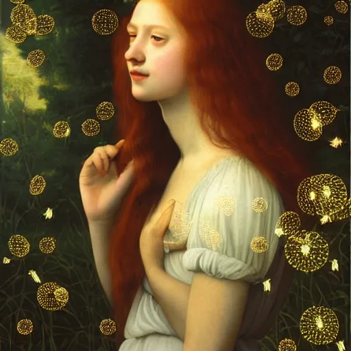 Image similar to portrait of a happy young woman, among the lights of golden fireflies and nature, long loose red hair, intricate details, green eyes, hint of freckles, round gentle face, gorgeous dress, deep focus, smooth, sharp, golden ratio, hyper realistic digital art by artemisia lomi gentileschi and leonardo da vinci and artgerm