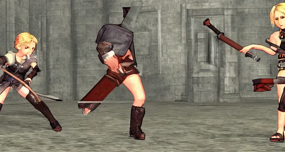 Prompt: Chloe Sevigny NPC wielding a battleaxe in a JRPG, combat gameplay, PS2, 3DCG