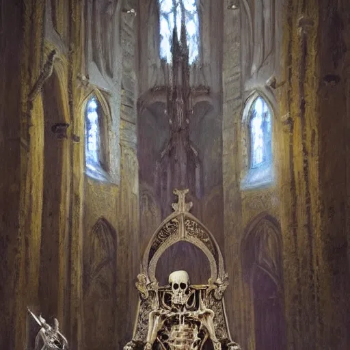 Prompt: Human skeleton, skeleton knight, majesty in noble clothes, king resting on a throne inside a cathedral, old castle, oil painting, by Fernanda Suarez and Greg Rutkowski