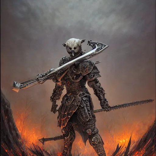 Image similar to berserk skullknight daedric armor, anthropomorphic shiba inu, holding rifle, stuning 3 d render, masterpiece, glowing black aura, foggy dark graveyard, by donato giancola and greg rutkowski and wayne barlow and zdzisław beksinski, realistic face