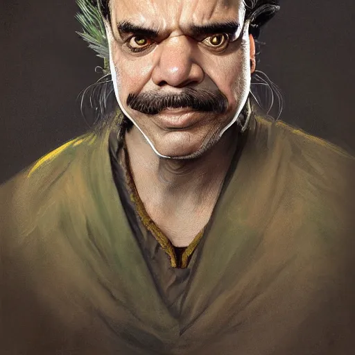 Prompt: hyper realistic, realistic - anime, portrait, beautifully rendered, italian garb the future, dune, caricature, luis guzman as luigi wearing green, smirking deviously, luigi, luigi's nose, painted by gustave courbet, greg rutkowski, wlop, artgerm, dishonored 2,