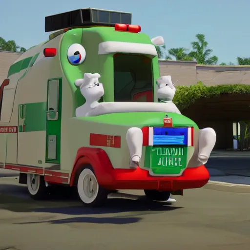 Prompt: big chungus meme, anthropomorphic ambulance shaped like big chungus, fat bugs bunny shaped ambulance, highly detailed 3 d render, unreal engine 5