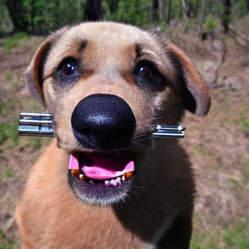 Image similar to trail cam footage of a anthropomorphic puppy smoking a cigar