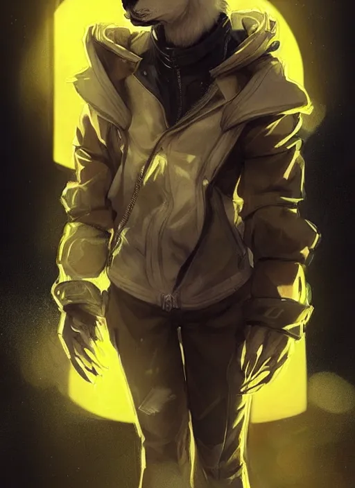 Image similar to award winning beautiful portrait commission of a male furry anthro albino wolf fursona with a tail and a cute beautiful attractive detailed furry face wearing stylish black and yellow cyberpunk biker clothes in a cyberpunk city at night while it rains. Character design by charlie bowater, ross tran, artgerm, and makoto shinkai, detailed, inked, western comic book art