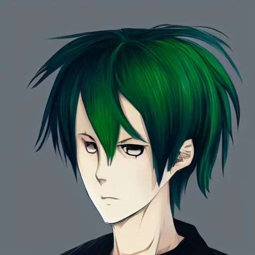 Image similar to portrait of a man with green hair, with eyes that look like a clock, anime style, trending on artstation