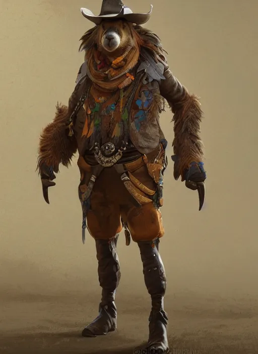 Prompt: detailed full body concept art illustration oil painting of an anthropomorphic capybara cowboy in full intricate clothing by Carel Fabritius, biomutant, ultra detailed, digital art, octane render