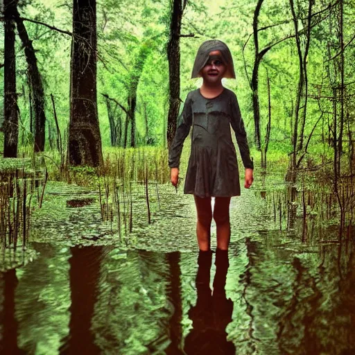 Image similar to thin little girl in a swamp wearing old gas mask. Water to her knees. Bayou. Dark Green forest. Foggy. Fireflies fly around