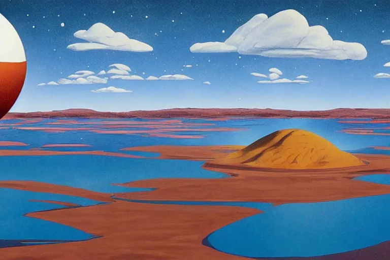 Image similar to a giant ((((metallic)))) floating sphere covered in canadian colorful aboriginal patterns!! hovering above a Yukon lake, (painted by Ralph McQuarrie), matte painting, very detailed, concept art