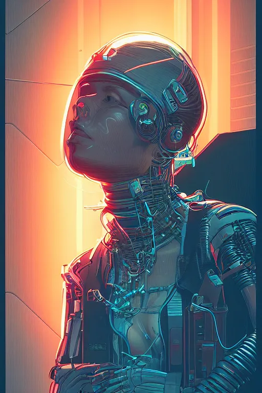 Prompt: portrait of a cyberpunk girl with a ribbed biomechanic parts and neon light, illustrated by Laurie Greasley and Michael Whelan and Igor Morski, crepy ambiance, highly detailed, trending on artstation