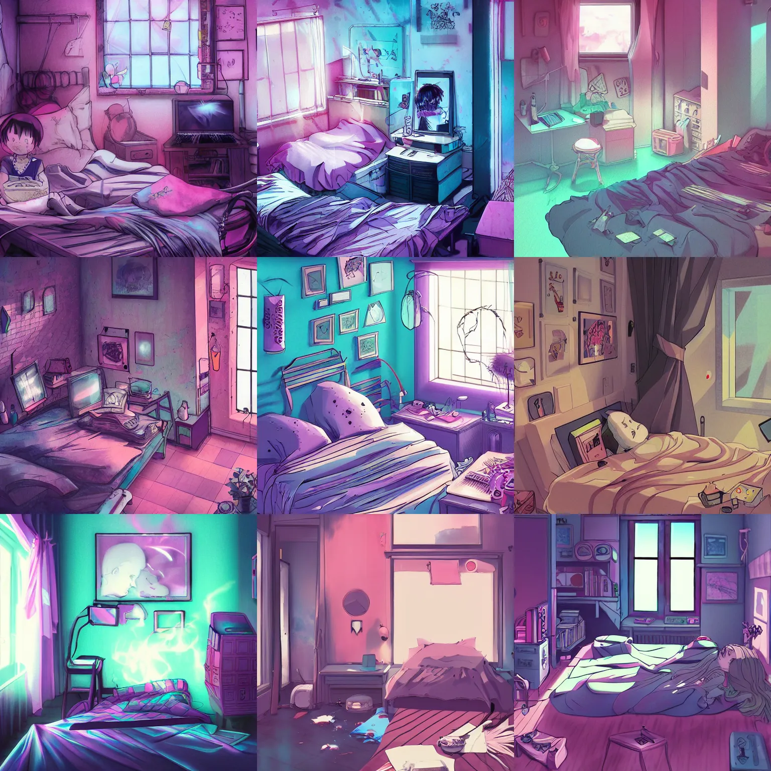 Prompt: digital art pastel goth aesthetic, smooth, messy room, high contrast, vaporwave, highly detailed, hayao miyazaki