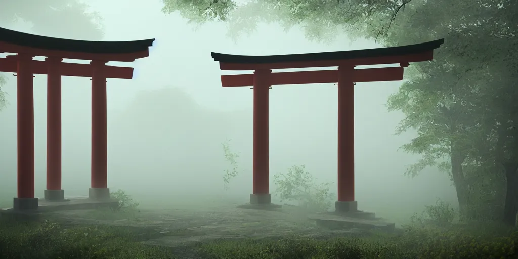 Image similar to i, a detailed Japanese torii in the morning mist, sunshine, 8k, high definition, trending on artstation