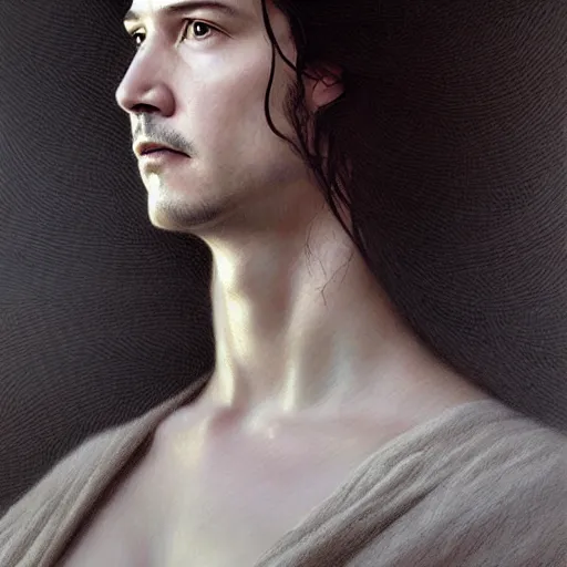 Image similar to beautiful striking Pre-Raphaelite Keanu Reeves by Artgerm and Greg Rutkowski, pale, intricate, elegant, highly detailed, digital painting