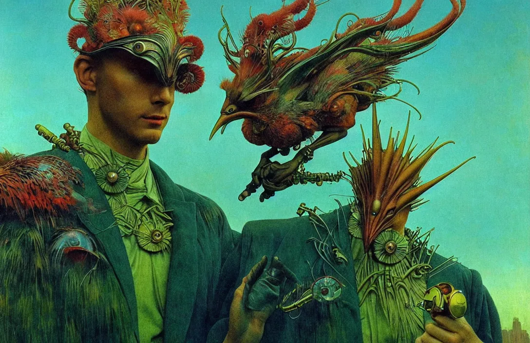 Image similar to realistic detailed portrait movie shot of a birdman wearing green leather coat, sci fi city landscape background by denis villeneuve, amano, yves tanguy, alphonse mucha, ernst haeckel, max ernst, roger dean, masterpiece, rich moody colours, blue eyes