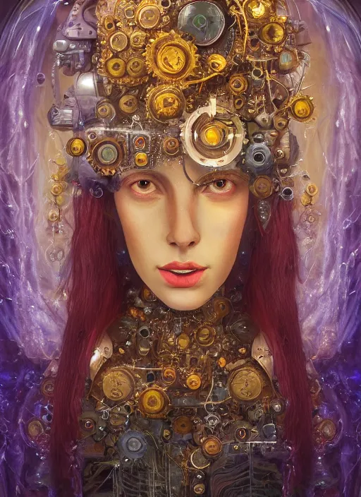 Image similar to oil painting of android woman covered by plants and crystals in the mystical forest, beautiful symmetrical face, renaissance style, wires and cords, golden steampunk, retro futurism, sci - fi, filigree jewellery, baroque, cinematic light, mystical shadows, 8 k