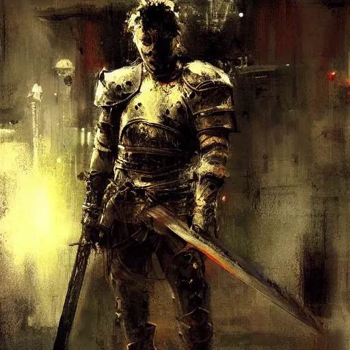 Image similar to knight holds sword made of lightning enemies everywhere, realistic, ultrahd, jeremy mann painting