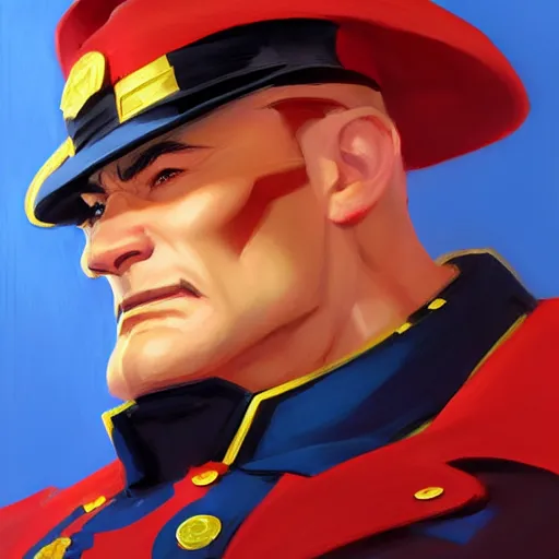 Image similar to Greg Manchess portrait painting of M. Bison as Overwatch character, medium shot, asymmetrical, profile picture, Organic Painting, sunny day, Matte Painting, bold shapes, hard edges, street art, trending on artstation, by Huang Guangjian and Gil Elvgren and Sachin Teng