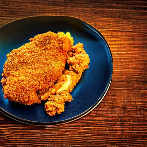 Image similar to chicken fried on a computer chip, photograph, poster, orthographic