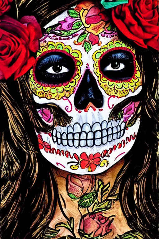 Image similar to illustration of a sugar skull day of the dead girl, art by steve mccurry