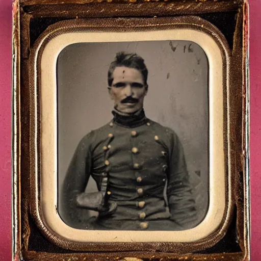 Prompt: civil war portrait of soldier sepia tattered image, with glowing red eyes and evil smile, in photo frame, real 1 8 6 0 photo,
