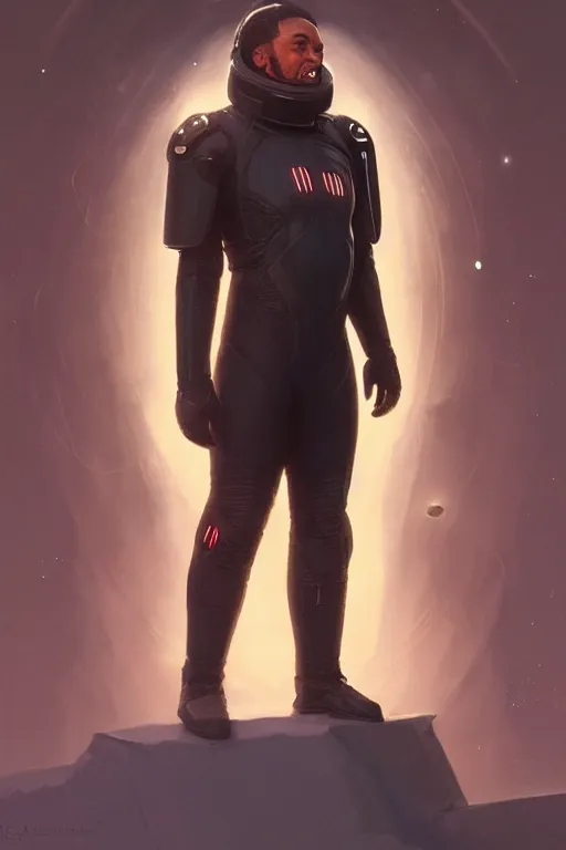 Image similar to upper body portrait of broad-shouldered black man wearing a scifi dune leather spacesuit, nebula in the background, illustration by normal rockwell and adebanji alade, details greg rutkowski, artstation character concept art