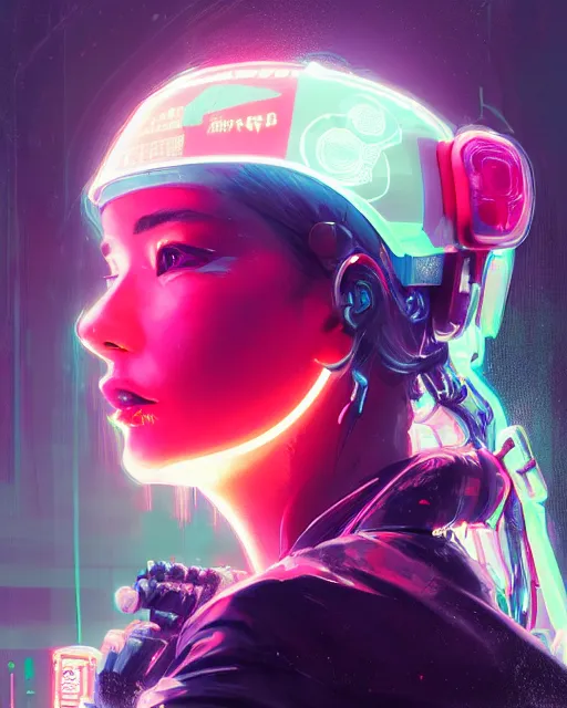 Image similar to detailed side profile portrait Neon Operator Girl, cyberpunk futuristic neon, reflective puffy coat, decorated with traditional Japanese ornaments by Ismail inceoglu dragan bibin hans thoma greg rutkowski Alexandros Pyromallis Nekro Rene Maritte Illustrated, Perfect face, fine details, realistic shaded, fine-face, pretty face