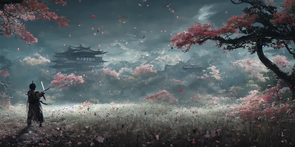 Prompt: an environmental concept art of ghost of tsushima, sakura petals blowing in the wind, highly detailed, directional light, bold colors, cinematic by francis tneh