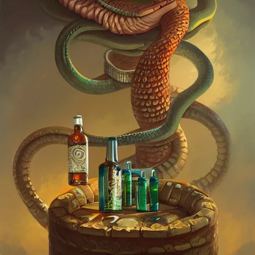 Image similar to a grinning anthropomorphic snake selling bottles of medicine, fantasy, steampunk, peter mohrbacher