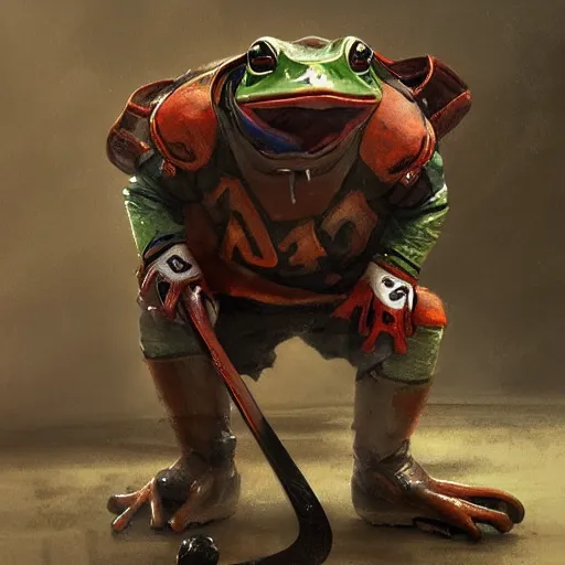 Image similar to frog wearing hockey uniform, intricate, sharp focus, illustration, highly detailed, digital painting, concept art, matte, art by ruan jia and wlop and greg rutkowski, masterpiece