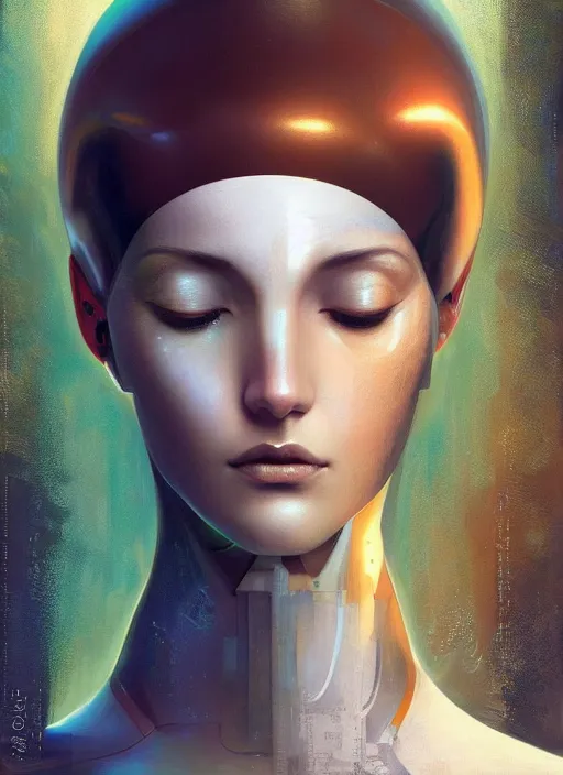 Prompt: portrait of a beautiful female android, coy, circuitry visible in head, in the style of ex machina, karol bak, greg rutkowski, artstation,