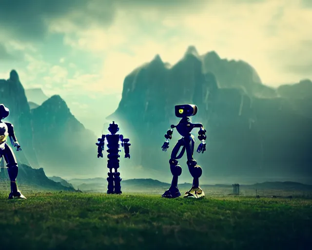 Image similar to two humanoid futuristic robot fighting each other, landscape, Cyberpunk, Steampunk, cloudy, mountains on background, peaceful day