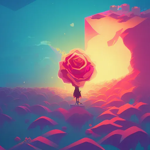 Prompt: beautiful digital rose in stunning pick sea, isometric, by Anton Fadeev and Simon Stalenhag, trending on artstation