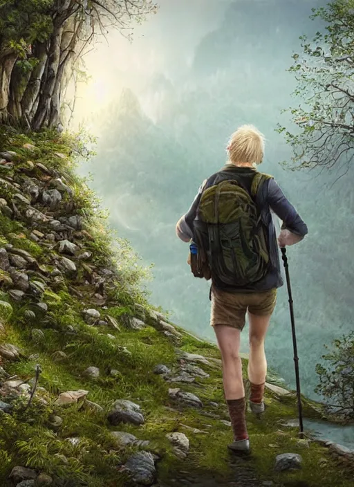 Image similar to happy blonde english man hiking a beautiful path, fluent composition, concept art, ambient light, 4 k, intricate details, highly professionally detailed, cgsociety, highly detailed -