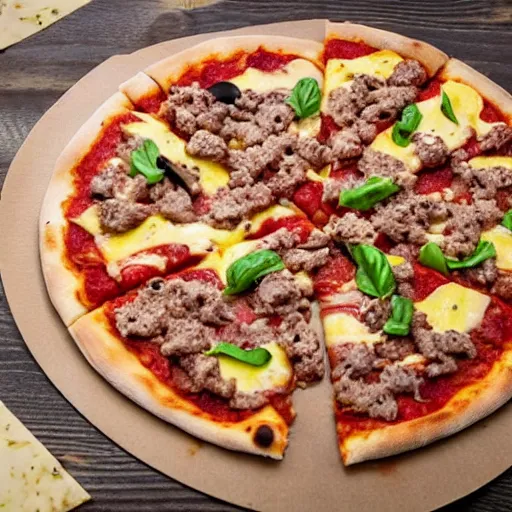 Image similar to pizza with cheeseburgers as toppings