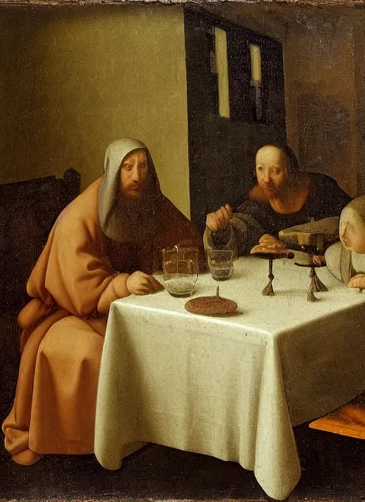 Image similar to a candlelit table at the inn, evening, dark room, two young people sitting at the table, swirling smoke, dark smoke, realistic, in the style of leonardo da vinci, dutch golden age, amsterdam, medieval painting by jan van eyck, johannes vermeer, florence