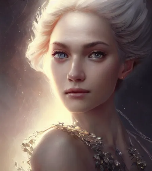 Prompt: a portrait of a beautiful hopeful lady with pretty eyes, beautiful eyes, sparkling eyes, sparkling eyes, highly detailed eyes, looking up, looking up, light smiling, art of wlop and greg rutkowski, intricate, high details, eyes, epic fantasy art, cgsociety, trending on artstation, bright light masterpiece, ray of light through white hair