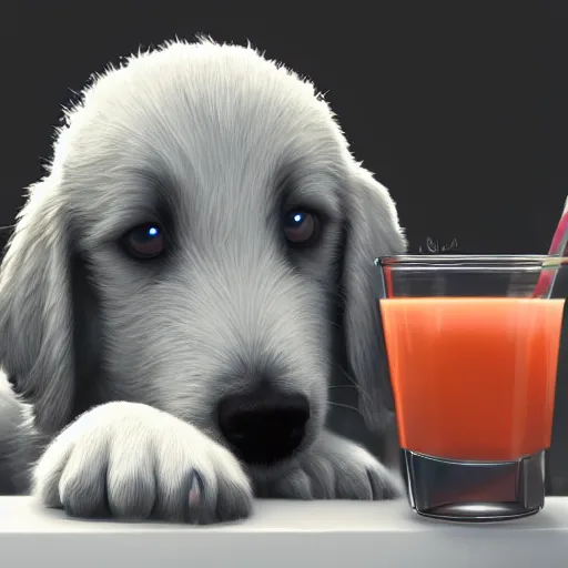 Image similar to cute puppy drinking juice, masterpiece, 8k, fantasy, cinematic lighting, highly detailed, digital painting, artstation, smooth, sharp focus, illustration, by Pixar