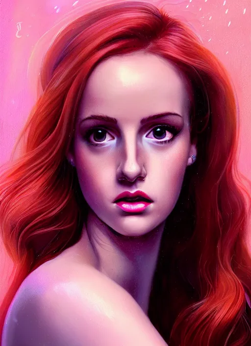 Image similar to full body portrait of teenage cheryl blossom, bangs, green eyes, sultry expression, red hair, sultry smirk, bangs and wavy hair, pink skirt, intricate, elegant, glowing lights, highly detailed, digital painting, artstation, concept art, smooth, sharp focus, illustration, art by wlop, mars ravelo and greg rutkowski