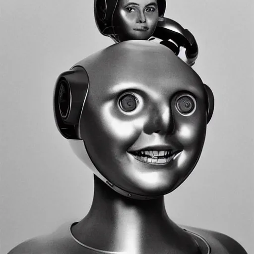 Prompt: “1950s future prediction of an artificially intelligent robot fashion model with stunning eyes smiling at the camera, award winning portrait photo by Annie Leibovitz, super detailed sigma 1.8 55mm boekin”