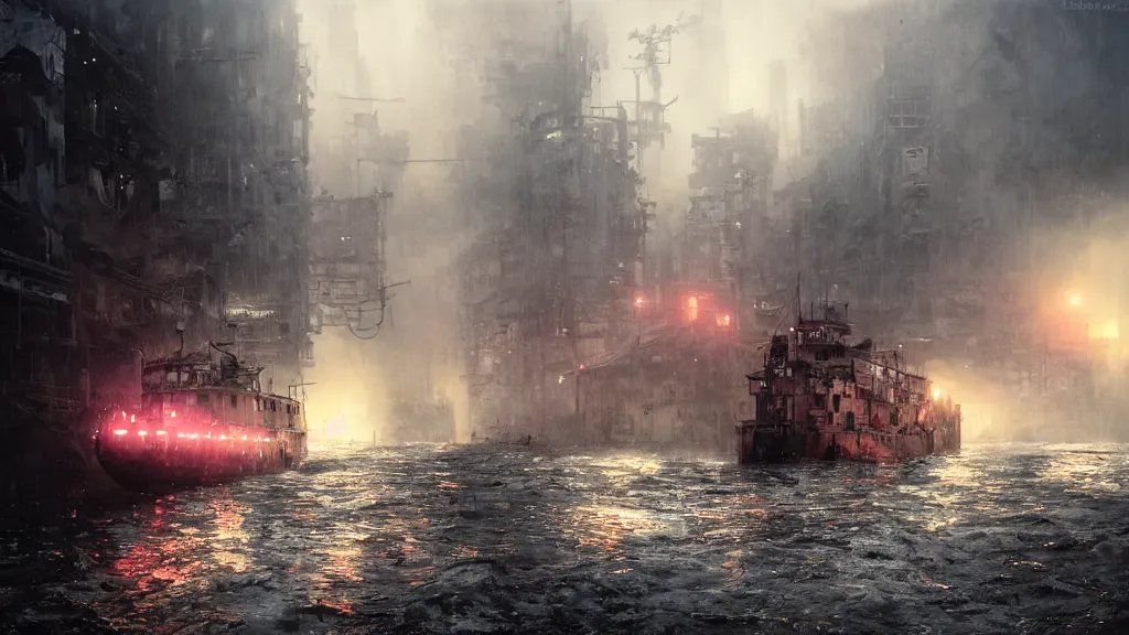 Image similar to dramatic Photorealistic,hyper detailed Matte Painting of a tug boat with bright head lights exploring post apocalyptic flooded ruined Hong Kong city street,Sunset,dark Tall empty buildings,Dark stormy waters by Greg Rutkowski,Craig Mullins,Hyperrealism,Beautiful dark dramatic moody lighting,Cinematographic Atmosphere,Volumetric light rays,VRay Rendering,8K