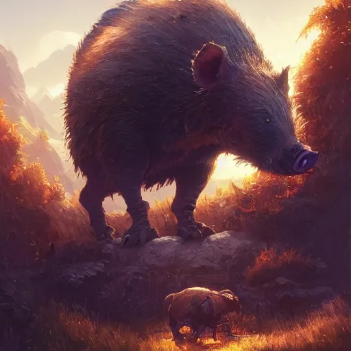 Prompt: highly detailed big angry boar, stephen bliss, unreal engine, fantasy art by greg rutkowski, loish, rhads, ferdinand knab, makoto shinkai and lois van baarle, ilya kuvshinov, rossdraws, tom bagshaw, global illumination, radiant light, detailed and intricate environment