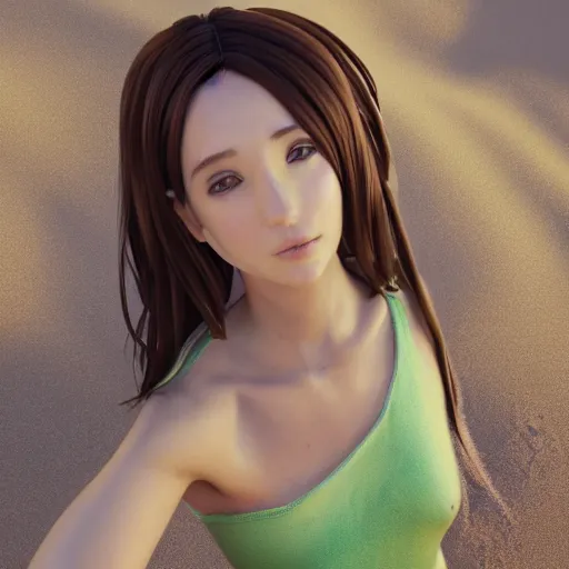 Image similar to Render of a beautiful 3d anime woman, long bronze brown hair, green eyes, cute freckles, full round face, soft smile, cute sundress, soft focus, golden hour, serene beach setting, medium shot, mid-shot, hyperdetailed, trending on Artstation, Unreal Engine 4k